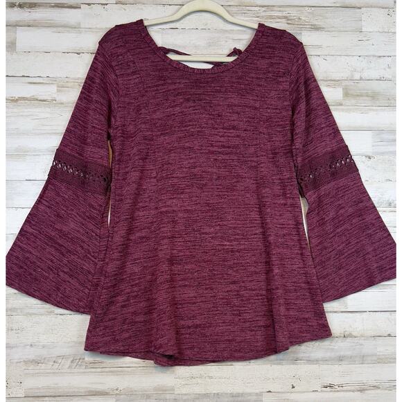 NWT S-M Win Win Pink Marled Sweater Tunic Wth Bell Sleeves Lace Inset Cross Back - Picture 1 of 8